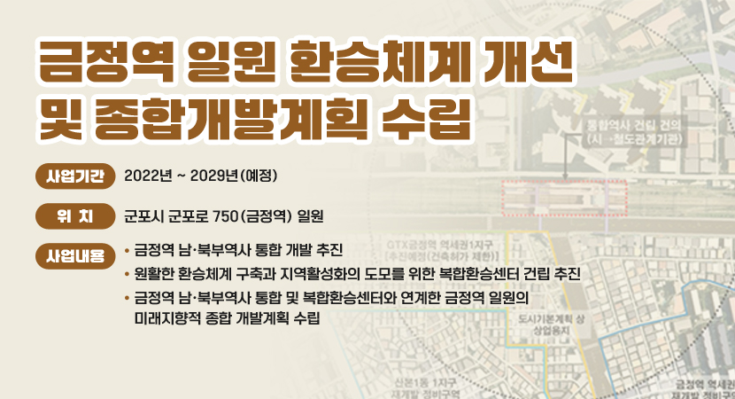 금정역 일원 환승체계 개선 및 종합개발계획 수립
 ○ 사업기간 : 2022년 ~ 2029년(예정)
 ○ 위    치 : 군포시 군포로 750(금정역) 일원
 ○ 사업내용 
     - 금정역 남·북부역사 통합 개발 추진
     - 원활한 환승체계 구축과 지역활성화의 도모를 위한 복합환승센터 건립 추진
     - 금정역 남·북부역사 통합 및 복합환승센터와 연계한 금정역 일원의 미래지향적 종합
       개발계획 수립