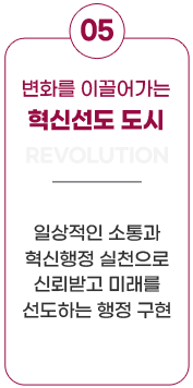5대 시정목표-05.변화를 이끌어가는 혁신선도 도시(REVOLUTION):일상적인 소통과 혁신행정 실천으로 신뢰받고 미래를 선도하는 행정 구현